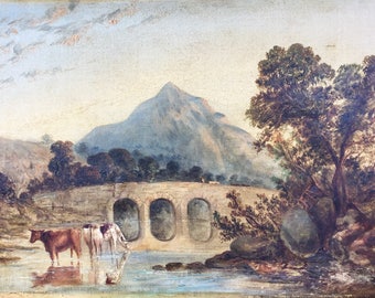 Antyczny wiktoriański obraz olejny, angielski pejzaż pasterski, Llangollen, Walia