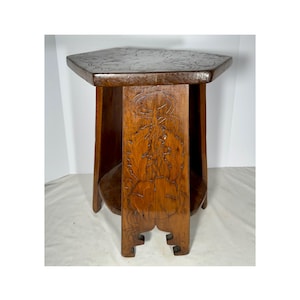 Vintage Softwood Slatted, Cut Out Arts and Crafts Pyrographic Tabouret Stool.