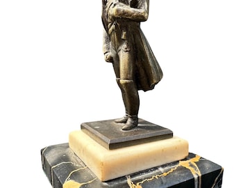 Austrian Diminutive Bronze Statuette of Napoleon Bonaparte Signed KAUBA. Marble Mounted Antique Bronze Sculpture.