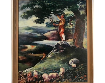 Pintura al óleo de arte popular alemán, paisaje de pastores bávaros, firmada en 1947.