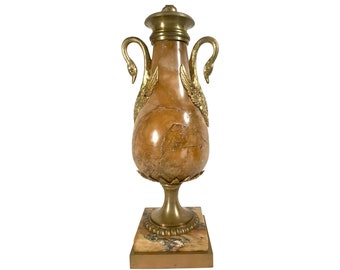 Antique Siena Marble Swan Lamp, French Louis XVI Style Ormolu Urn, Gold Table Lamp, 19th Century
