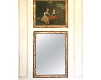 French Louis XV Style Painted Giltwood Trumeau Mirror with Original Genre Oil Painting.