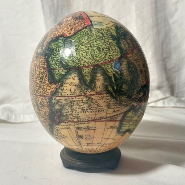 Atlas Egg Ostrich Eggshell Decoupage World Map, Tabletop Shelf Office Décor.