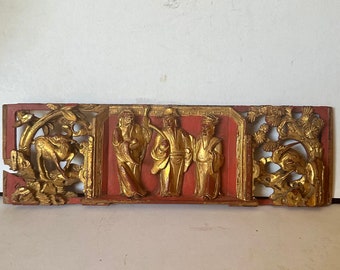 Antique Chinese Carving Gilt Wood Asian Panel Architectural Element 19th Century Wall Hanging Small Carved Art Panel.