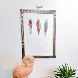 Plumas de acuarela originales, decoración de pared Boho, póster de plumas coloridas, diseño interior colorido, regalo casero