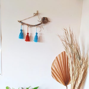 Wool and driftwood wall decoration, Wall art, Blue hanging, Interior decoration