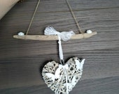 Shabby Chic Driftwood wall decor, white heart decoration, birthday gift idea