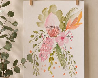 Poster con bouquet di fiori, illustrazione botanica, fiori originali ad acquerello, acquerello botanico, poster di piante, pittura di fiori