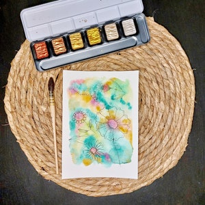 Carte postale aquarelle, illustration colorée encre, carte et enveloppe, art contemporain, dessin au feutre
