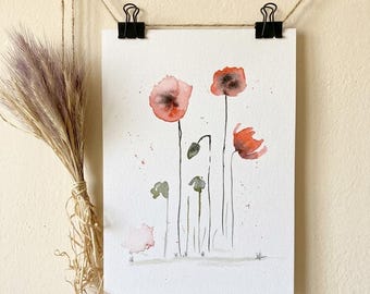 Watercolor poppies, botanical illustration, original watercolor flowers, botanical watercolor, plant poster, flower painting
