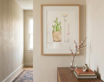 Original Scandinavian watercolor, Cactus watercolor, Botanical wall decoration, Art, Green plant painting, Home gift