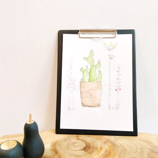 Aquarelle originale scandinave, Aquarelle cactus, Décoration murale botanique, Art, Peinture plante verte, Cadeau maison