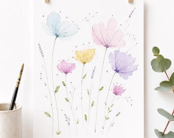 Botanical watercolor, baby room decor, botanical art, flower poster