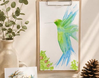 Originales Kolibri-Aquarell – Herbarium-Sammlung – Vogelgemälde – Natur-Wandkunst – Handgefertigte Aquarellillustration