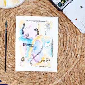 Aquarelle originale petit format, Peinture colorée mixed media