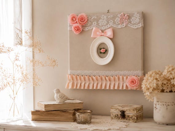 Décoration murale romantique en dentelle ancienne – Cadre shabby chic rose poudré – Déco murale bohème vintage – Fait main