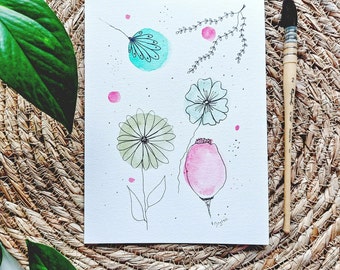 Watercolor postcard, colorful ink illustration, card and envelope, contemporary art, felt-tip drawing