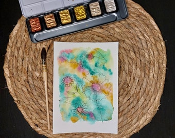 Watercolor postcard, colorful ink illustration, card and envelope, contemporary art, felt-tip drawing