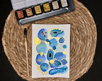 Carte postale aquarelle, illustration aquarelle, carte et enveloppe, art contemporain, Collection bleue, aquarelle abstraite