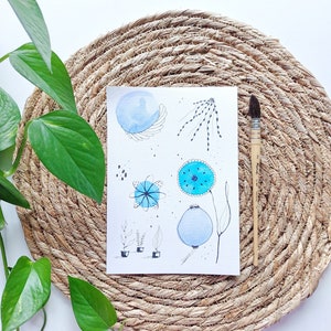 Carte postale aquarelle, illustration encre, carte et enveloppe, art contemporain, collection bleue