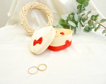 Red and white heart wedding ring holder, wood box alliance cushion, Wedding in red