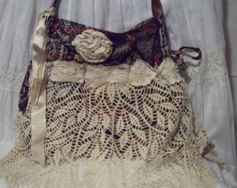 Handbag, jacquard and crochet fabric, hook and ribbons, women&#39;s bag, girl&#39;s bag, women&#39;s accessory, girl&#39;s accessory, woman&#39;s gift, girl&#39;s gift,