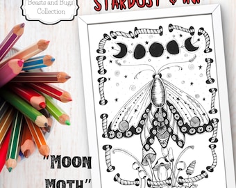 Beasts and Bugs Collection- Moon Moth Coloring Page-Whimsical Hand-Drawn Printable