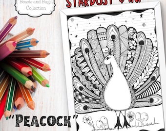 Collezione di animali e insetti - Pagina da colorare di pavoni - Disegno a mano, stampabile e fantasioso