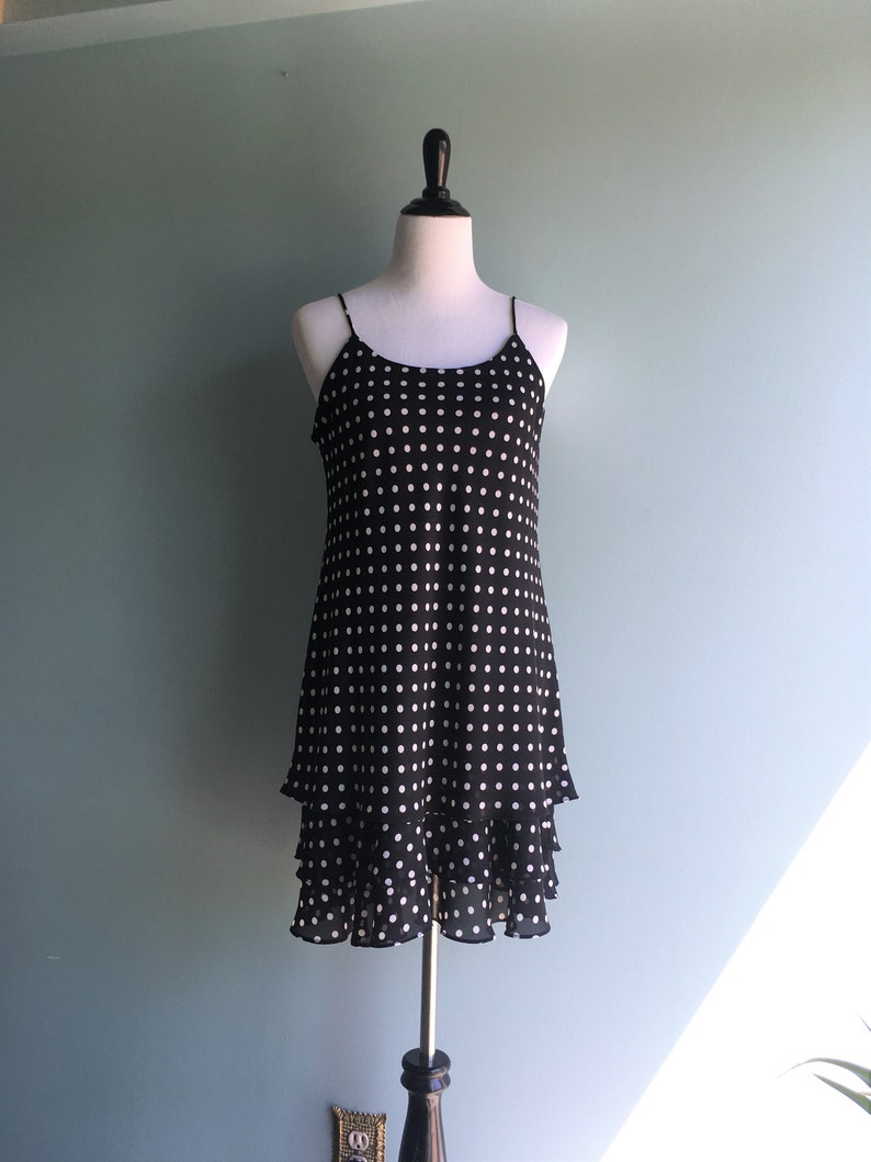 90s Polka Dot Party DressBlack /& WhiteLayeredSpaghetti Straps10