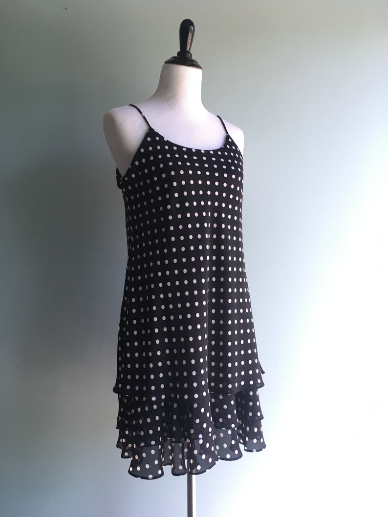 90s Polka Dot Party DressBlack /& WhiteLayeredSpaghetti Straps10