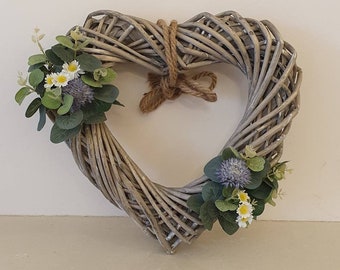 Wicker heart wreath wild flowers daisies heath eucalyptus spring summer handmade gift wall hanging door decor cottagecore purple cottage