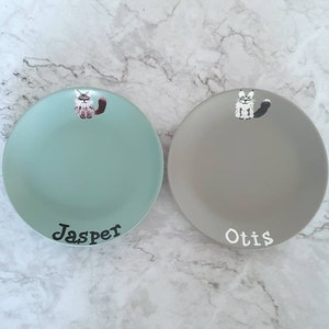 Custom cat food dish dog plate bowl handpainted set water pink green grey ragdoll ceramic persian pug gift for pet lover made to order