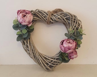 Wicker heart wreath peonies pink eucalyptus spring summer handmade gift wall hanging door decor cottagecore farmhouse cottage dusky peony
