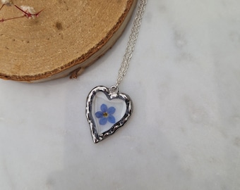 Pressed forget-me-not necklace real flowers floral silver heart shaped bezel resin pendant gift for her boho hippy sympathy birthday bestie