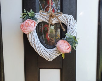 Wicker white heart wreath peonies pink peach spring summer handmade wall hanging door decor cottagecore farmhouse cottage peony eucalyptus