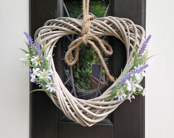 Wicker heart wreath gypsophila daisies lavender summer baby's breath handmade wall hanging door decor cottagecore farmhouse cottage daisy