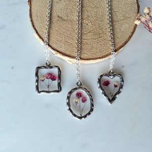 Pressed gypsophila white pink necklace real flowers floral silver oval heart square bezel pendant gift for her boho hippy sympathy valentine