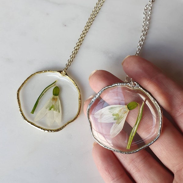 Real snowdrop necklace pressed flower floral snow drop gold silver jewellery gift for her birthday sympathy condolence handmade in box