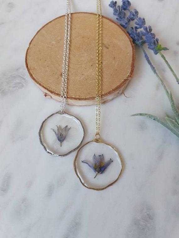 Real Bluebell Necklace Pressed Flower Floral Birth Gift Silver