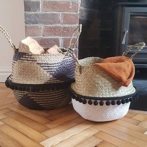 Wicker basket seagrass woven natural pompoms custom made to order you pick colours storage large boho storage