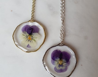 Real pansy viola necklace pressed flower floral birth gift silver gold gift for her birthday mothers day in box sympathy