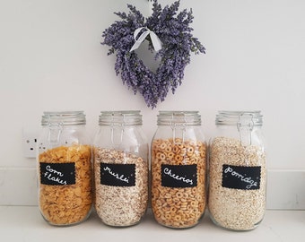 Custom storage glass jars clip top lid blackboard chalk label airtight seal cereal dry food personalised medium extra large Price is per jar