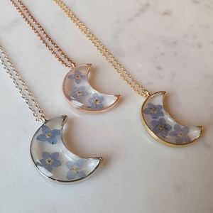 Pressed forget me not necklace real flowers floral gold silver rose gold crescent moon bezel resin pendant gift for her birthday memories