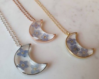 Pressed forget me not necklace real flowers floral gold silver rose gold crescent moon bezel resin pendant gift for her birthday memories