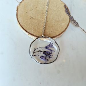 Real pressed bluebell necklace flower floral gift silver circle jewellery for her birthday in box round bezel boho hippy fairy bluebells