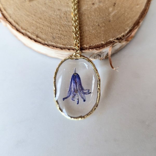 Real bluebell necklace pressed flower floral birthday gift gold silver gift for her mother February in box sympathy fairy boho oval blue