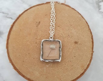 Pressed gypsophila necklace real flowers floral silver square shaped bezel resin pendant gift for her boho hippy sympathy birthday