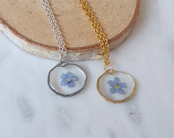 Collar de nomeolvides real prensado flor azul regalo floral oro plata joyería regalo para su cumpleaños mejor amiga día de la madre en caja