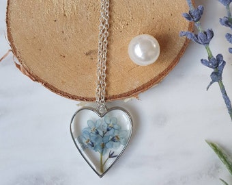 Pressed forget me not necklace real flowers floral silver gold heart bezel pendant blue natural vintage resin gift wrapped her birthday