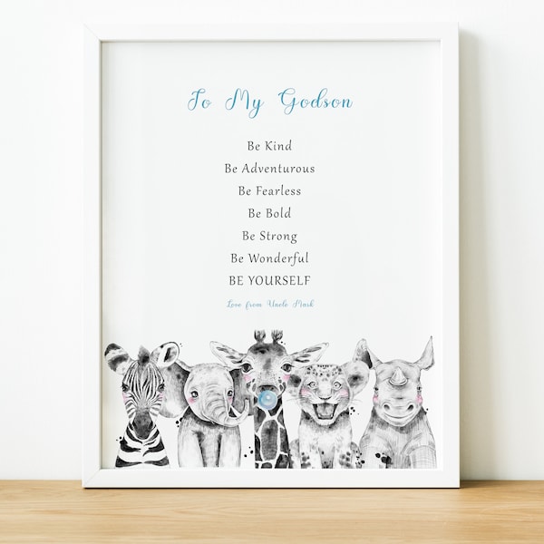 Personalised Godchild Gift, Goddaughter Christening Gift from Godmother, Baptism Gift for Godson from Godfather, Safari Nursery Prints